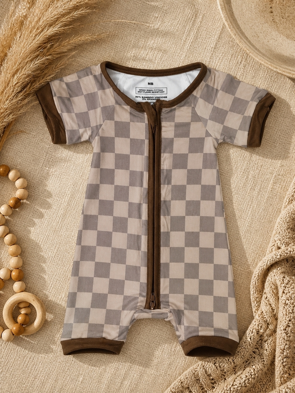 NWOT Short Sleeve Checker One-Piece Bamboo Romper in Brown
